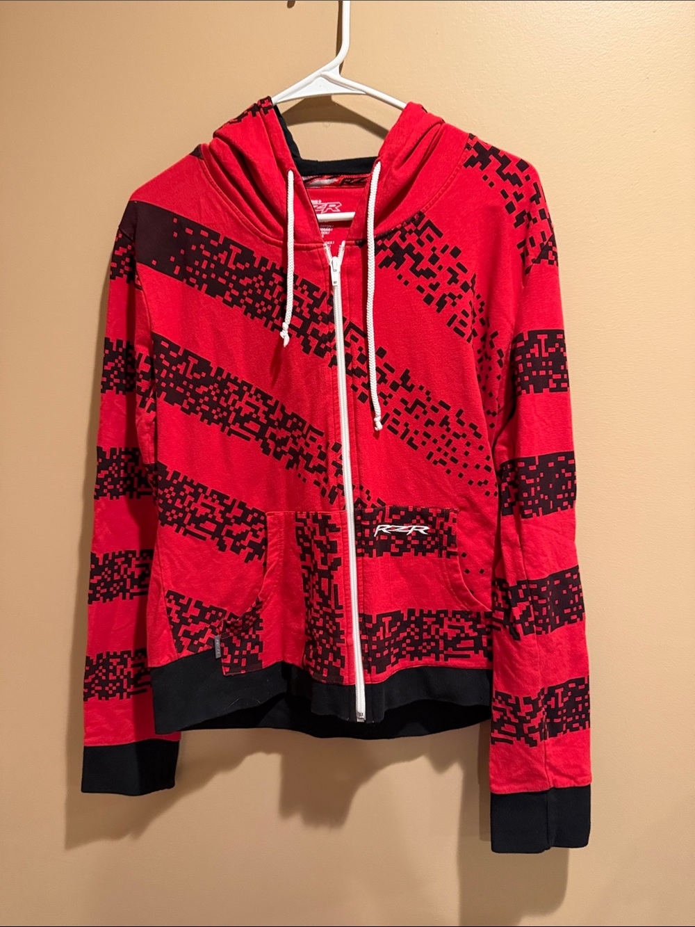 Women’s Red Pixel-Pattern Zip Hoodie with Contrast Trim